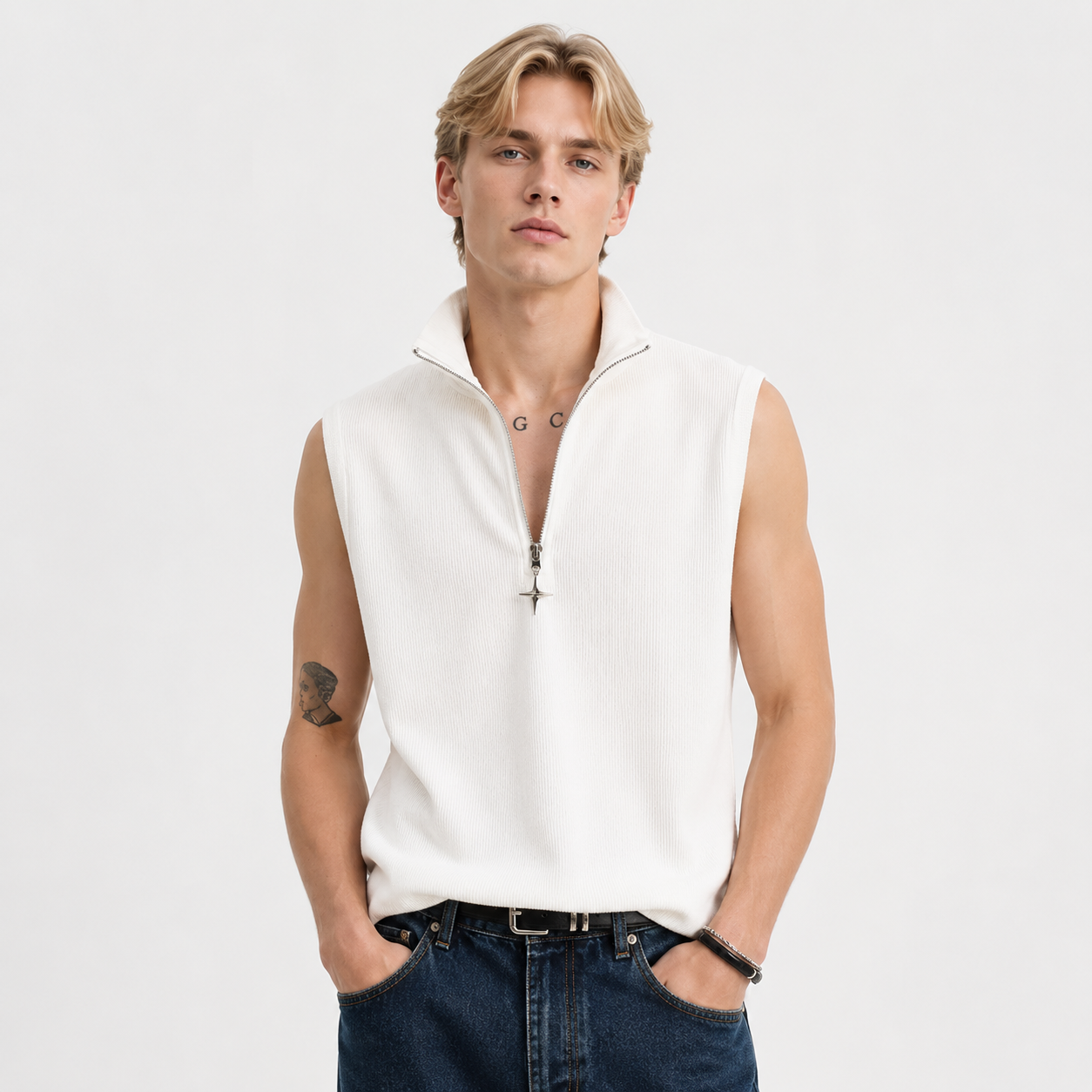 Ermeløs Topp til Herre | Streetwear Singlet med Ståkrage og Glidelås