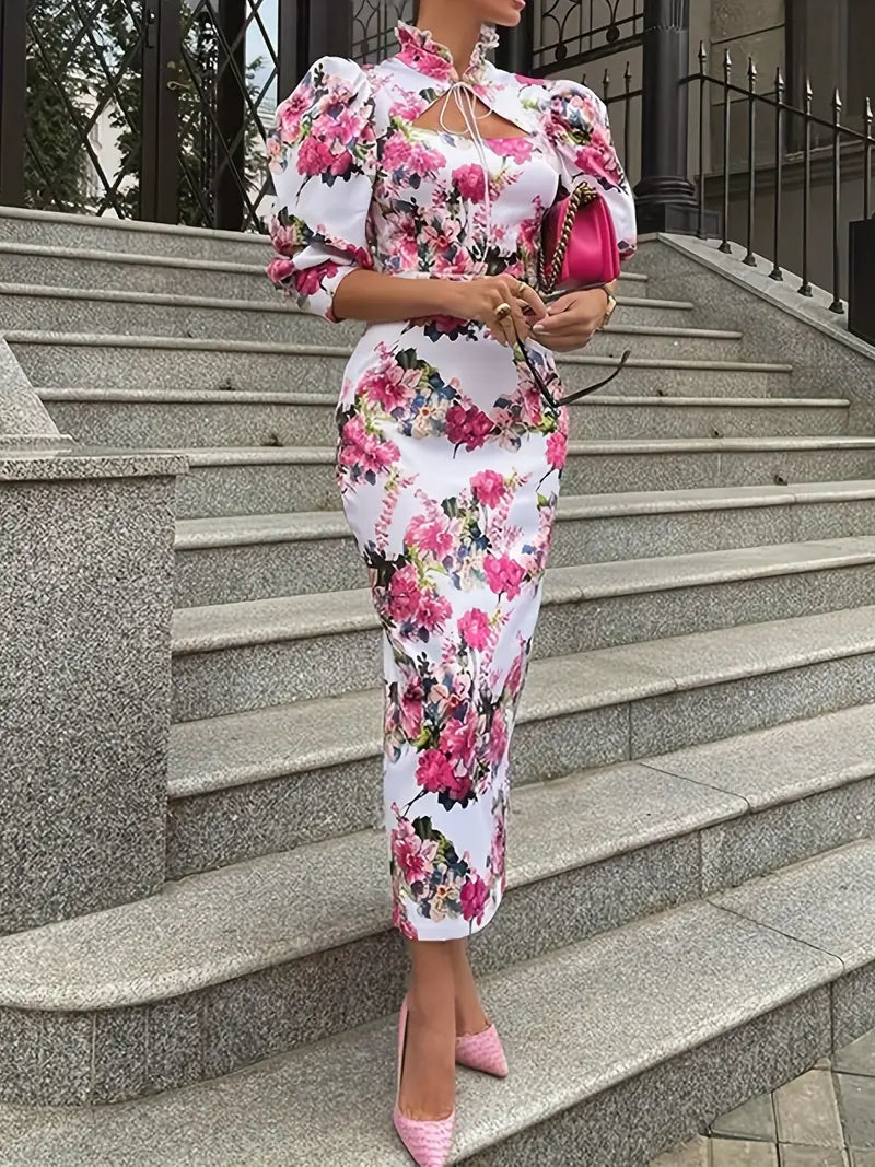 Ensfarget bodycon-kjole med V-hals og elegante puffede ermer med vridd front