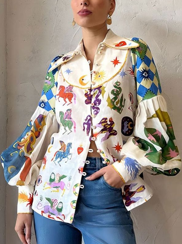 Pop Art Print Skjortekrage Casual Bluse