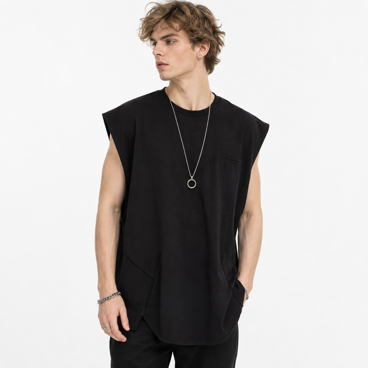 Lang Ermeløs T-skjorte for Herre – Løs Retro Sommertopp i Størrelser XS–5XL – Svart