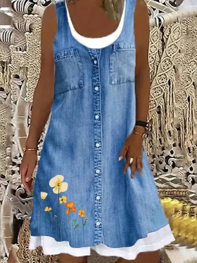 Printet denimkjole