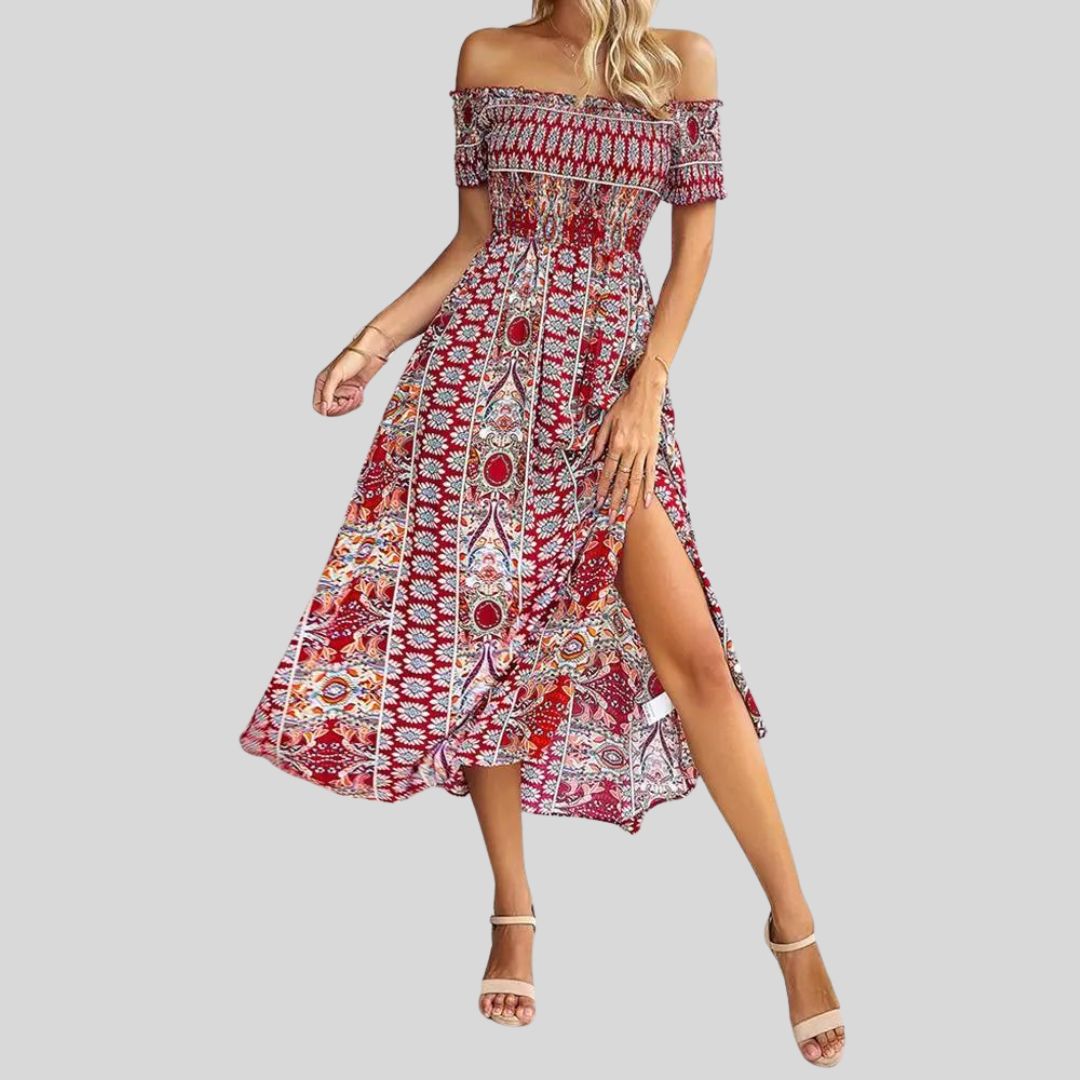 Maxikjole med boho og volang uten skuldre