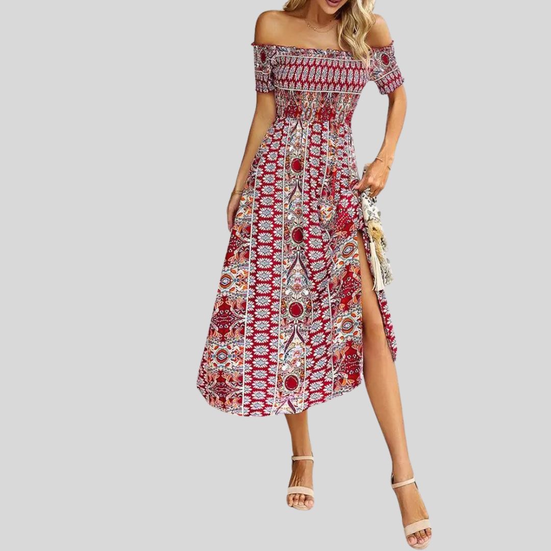 Maxikjole med boho og volang uten skuldre