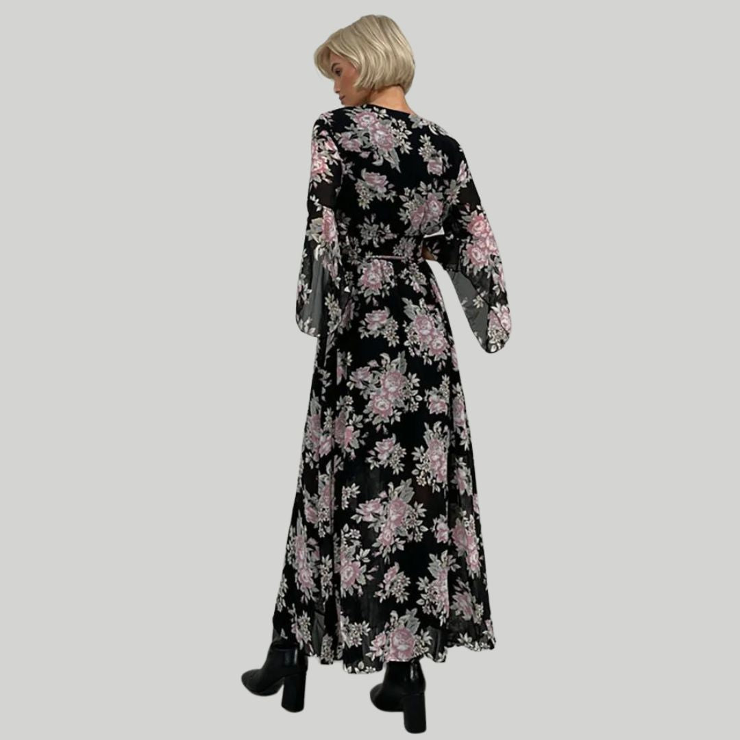 Blomstret midikjole med V-utringning