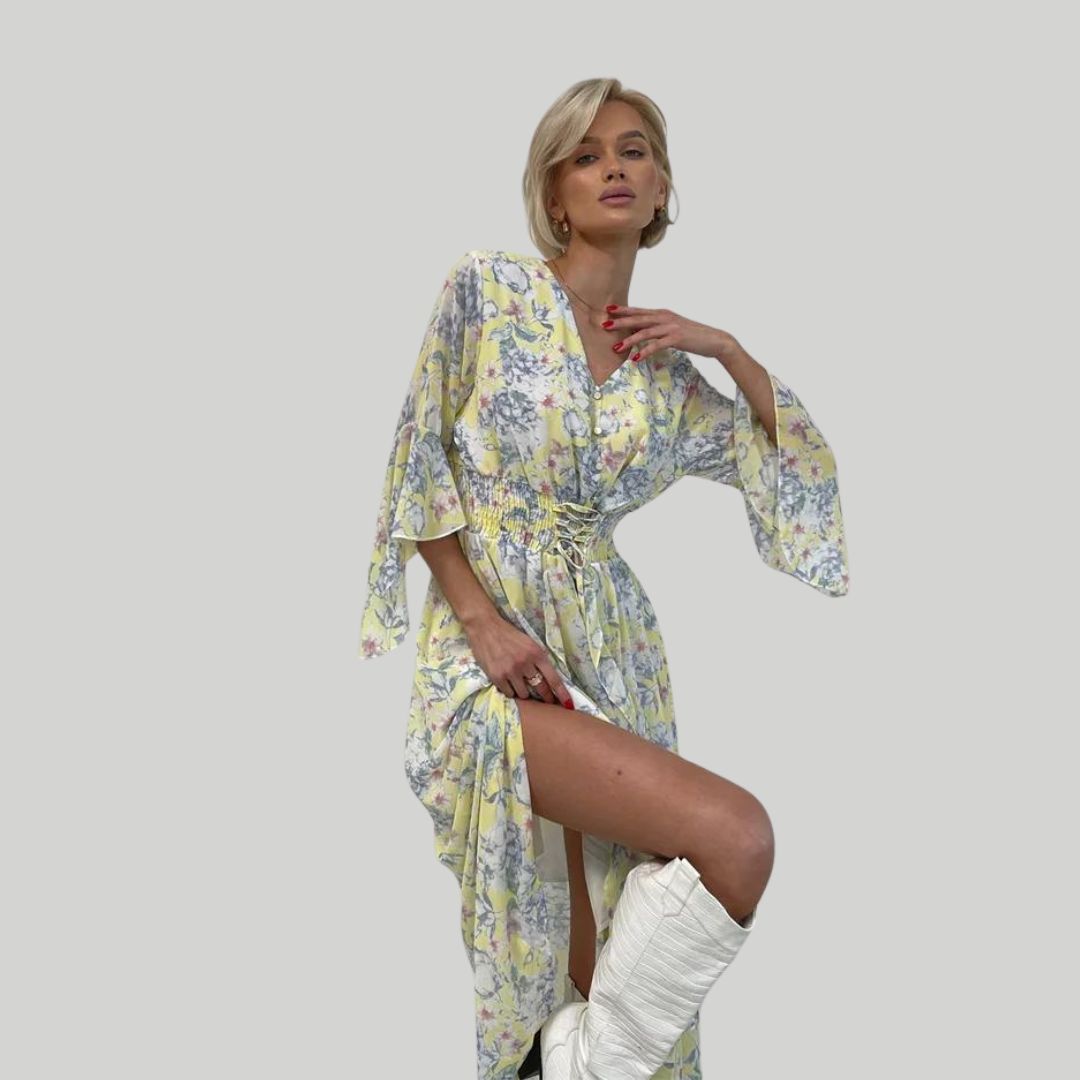 Blomstret midikjole med V-utringning