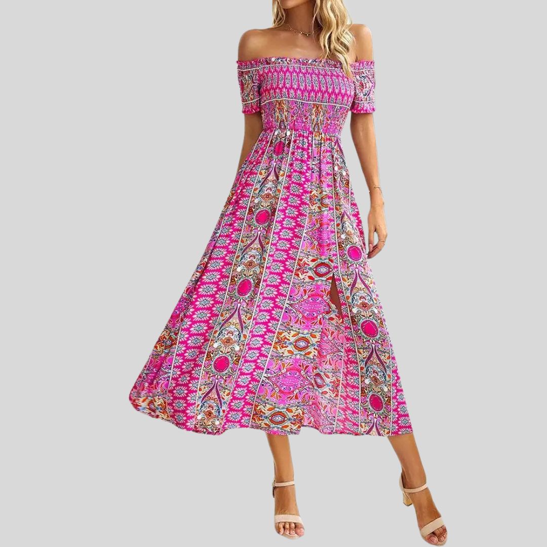 Maxikjole med boho og volang uten skuldre