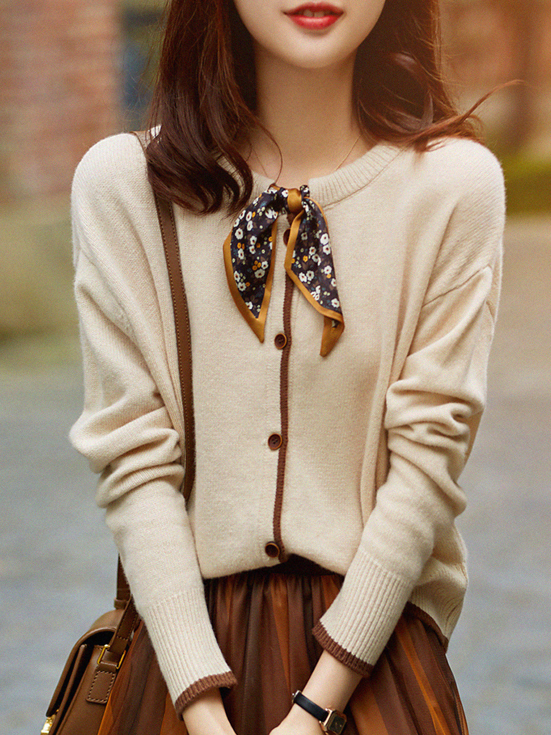Strikket vintage-cardigan i bomull med rund hals