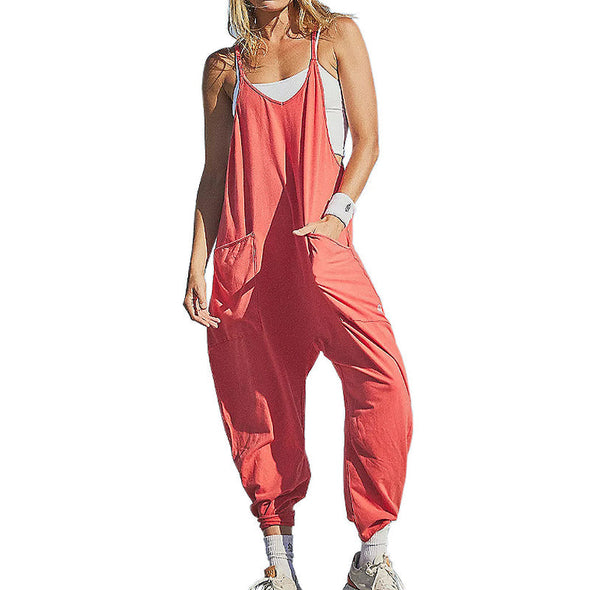 Minimalist jumpsuit with pockets and V-neck