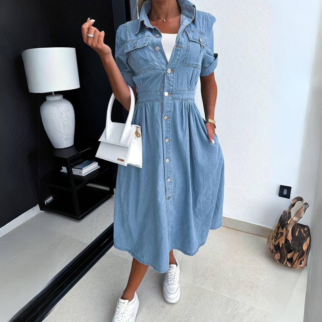 Midikjole i denim i skjortestil med lommer