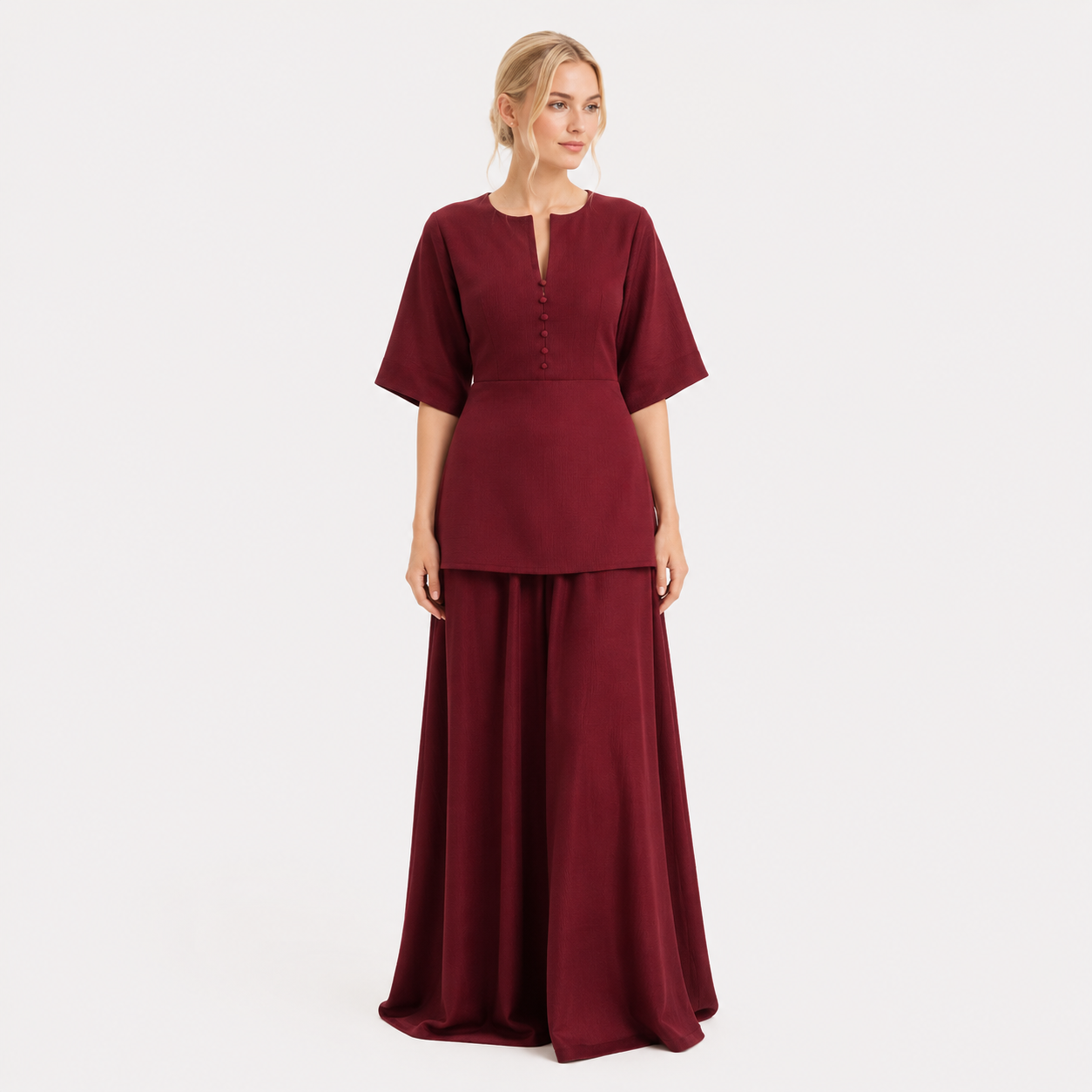 Maxikjole til Dame – A-linje Kjole med Plisseringer og Nøkkelhullsutringning – Rød