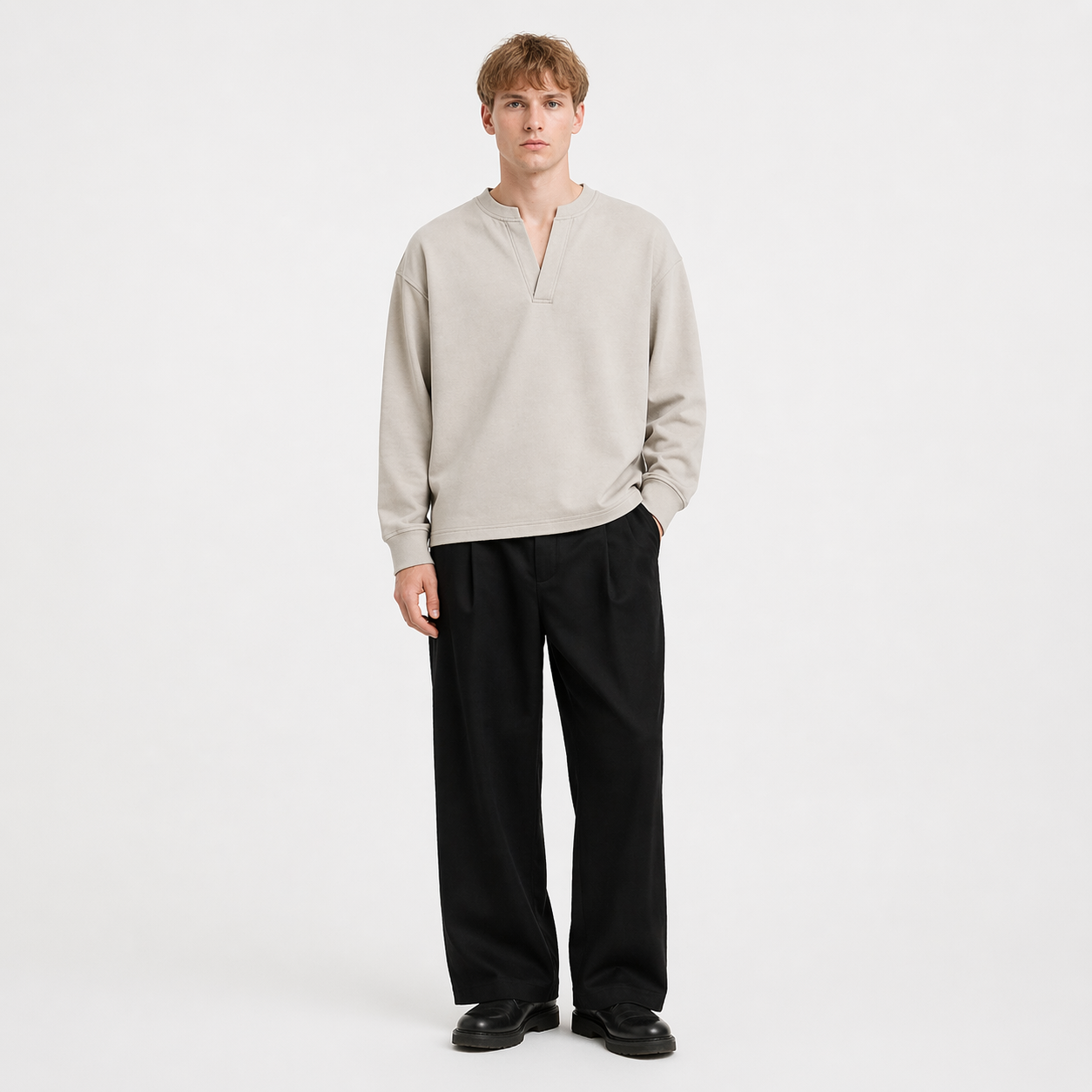Langermet Henley T-skjorte til Herre – Fake Two-Piece & Japansk Minimalistisk Stil