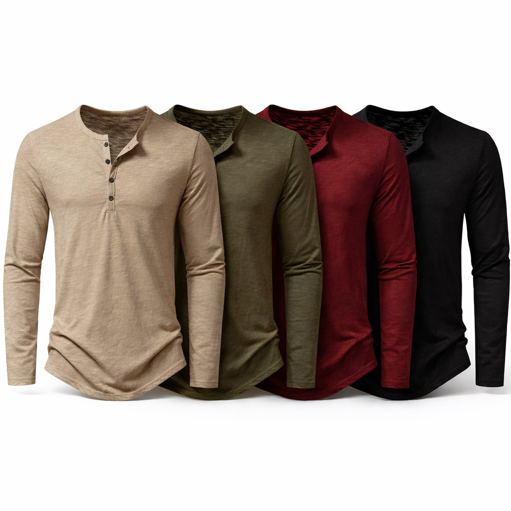 Herre Henley T-skjorte i Bomull – Langermet & Pustende | Casual Basisgenser med Knapper Pakke – D38 Khaki + D38 Armygrønn + D38 Vinrød + D38 Svart