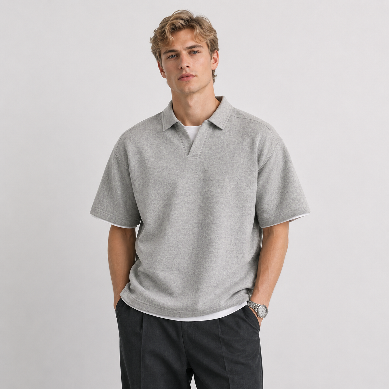 Polo T-skjorte til Herre – Retro Kortermet Topp med Lag-på-Lag Effekt