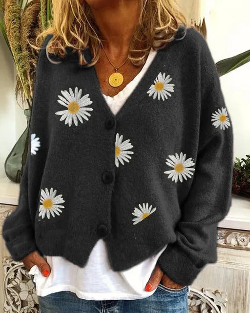 Enkelbrystet, blomstret cardigan