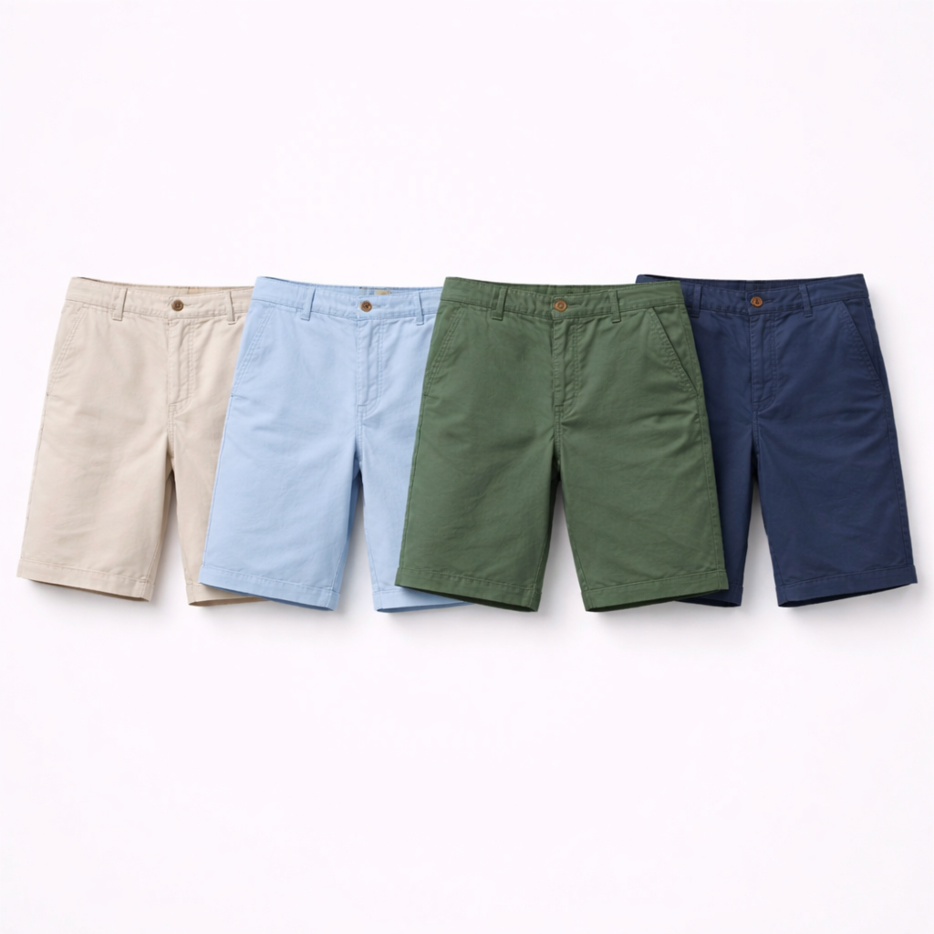 Herreshorts i 100% Bomull – Ensfargede, Komfortable og Stilrene til Sommer, Fritid og Casual Business Pakke – Champagne + Himmelblå + Militærgrønn + Marineblå