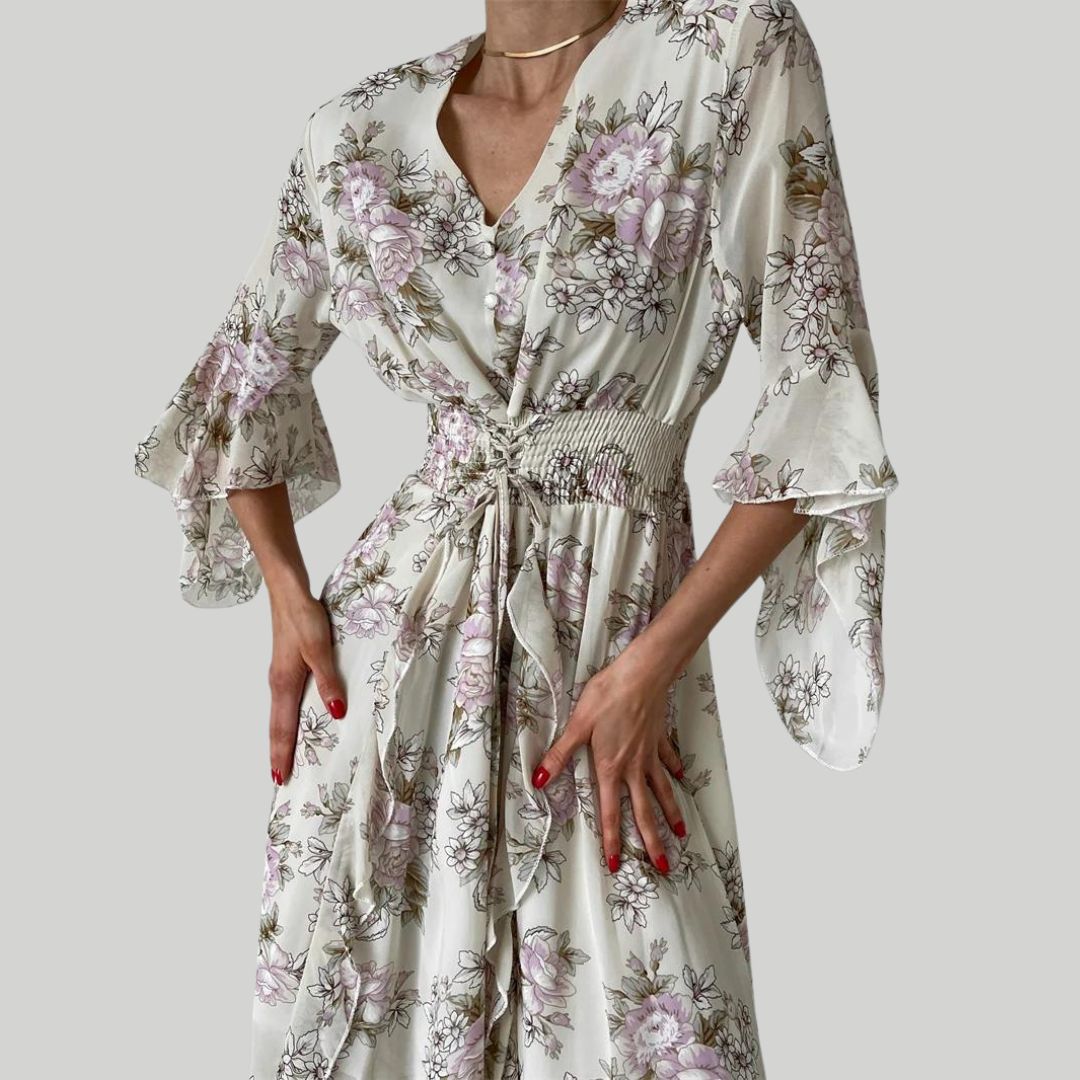 Blomstret midikjole med V-utringning
