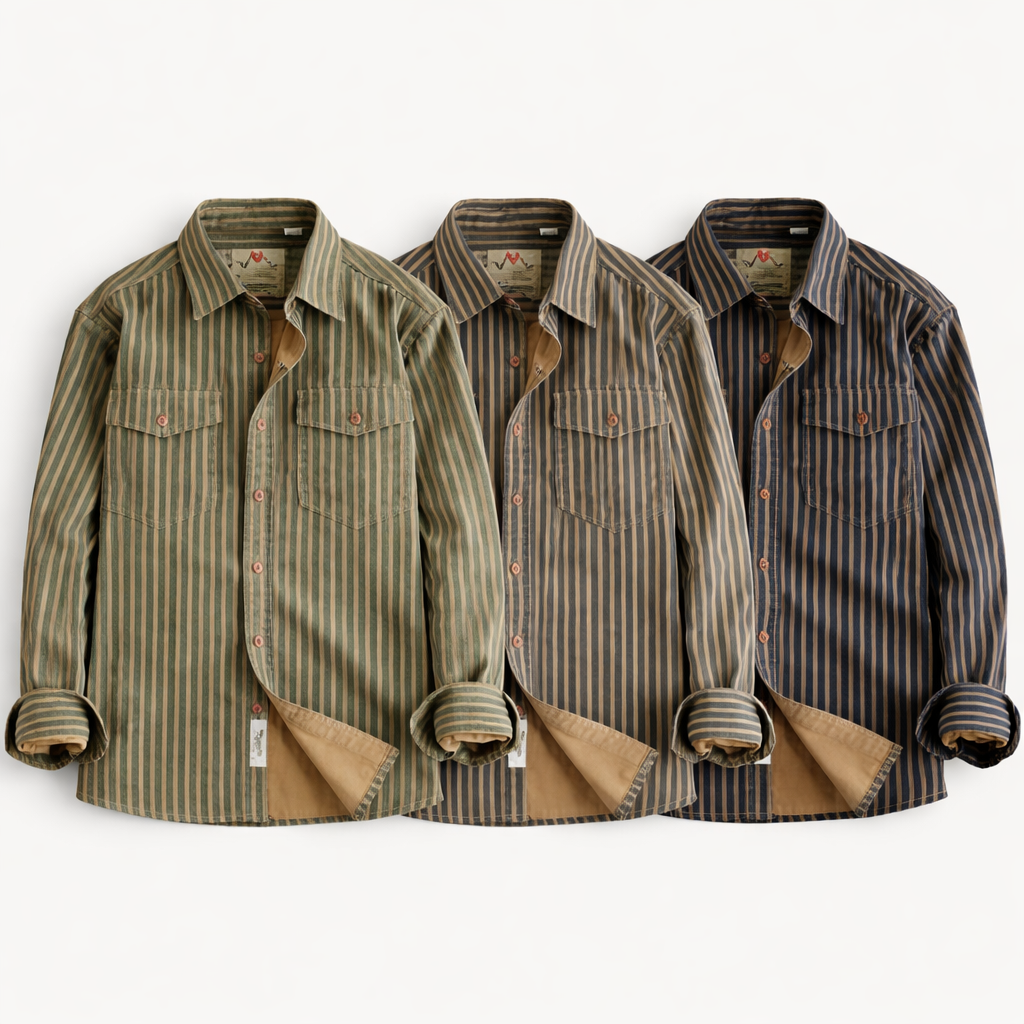 Retro Stripet Skjorte for Menn – Amerikansk Vasket Look med Lommer | Casual Langermet Skjorte for Høst og Vinter 2025 (Copy)