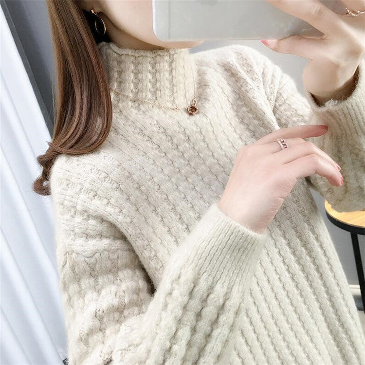 Høyhalset genser dame beige kabelstrikk