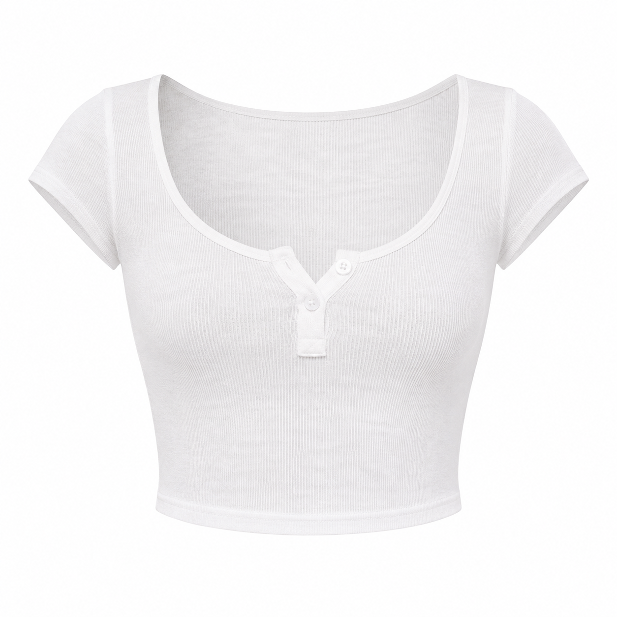 Transparent Crop Topp med V-hals og Knapper – Kortermet Slim Fit Topp for Dame