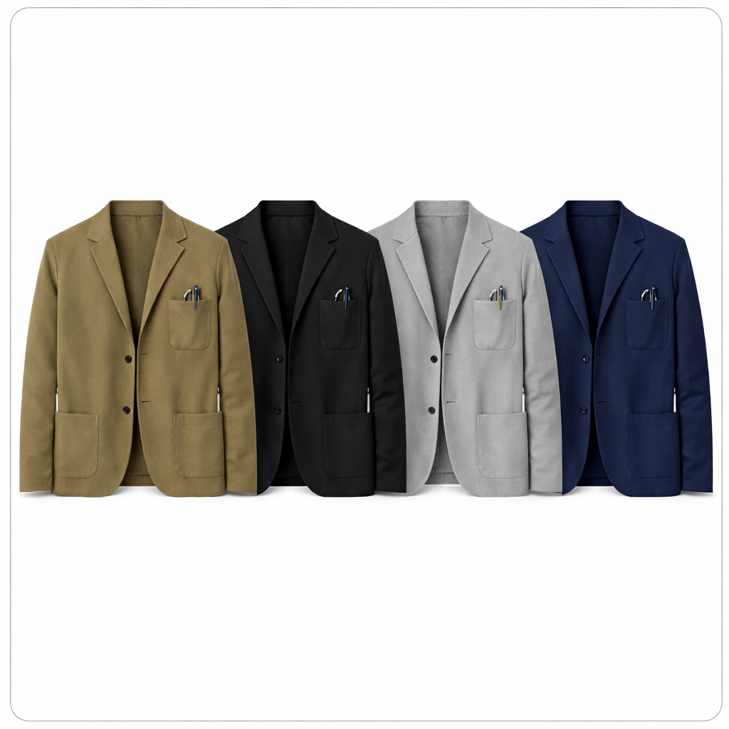 Herre Blazer – Klassisk Ensfarget Dressjakke | Business Casual med Jakkeslag & Lommer Pakke – Khaki + Svart + Lysegrå + Blå