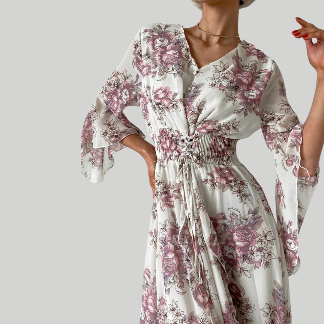 Blomstret midikjole med V-utringning