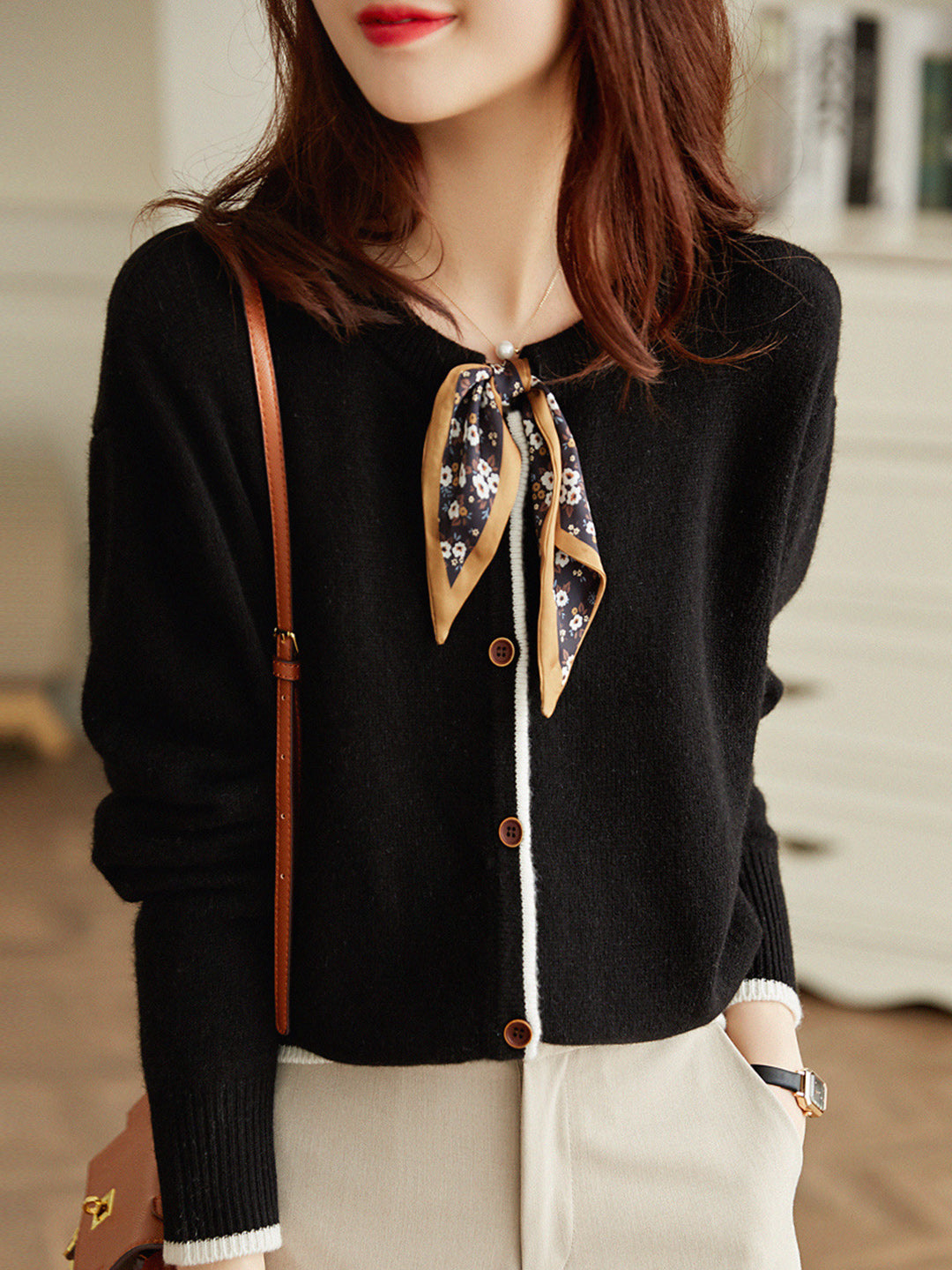 Strikket vintage-cardigan i bomull med rund hals