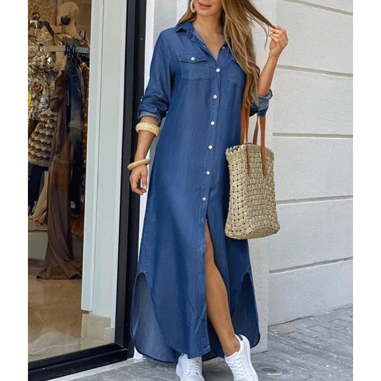 Lang kjole med knapper i denimstil