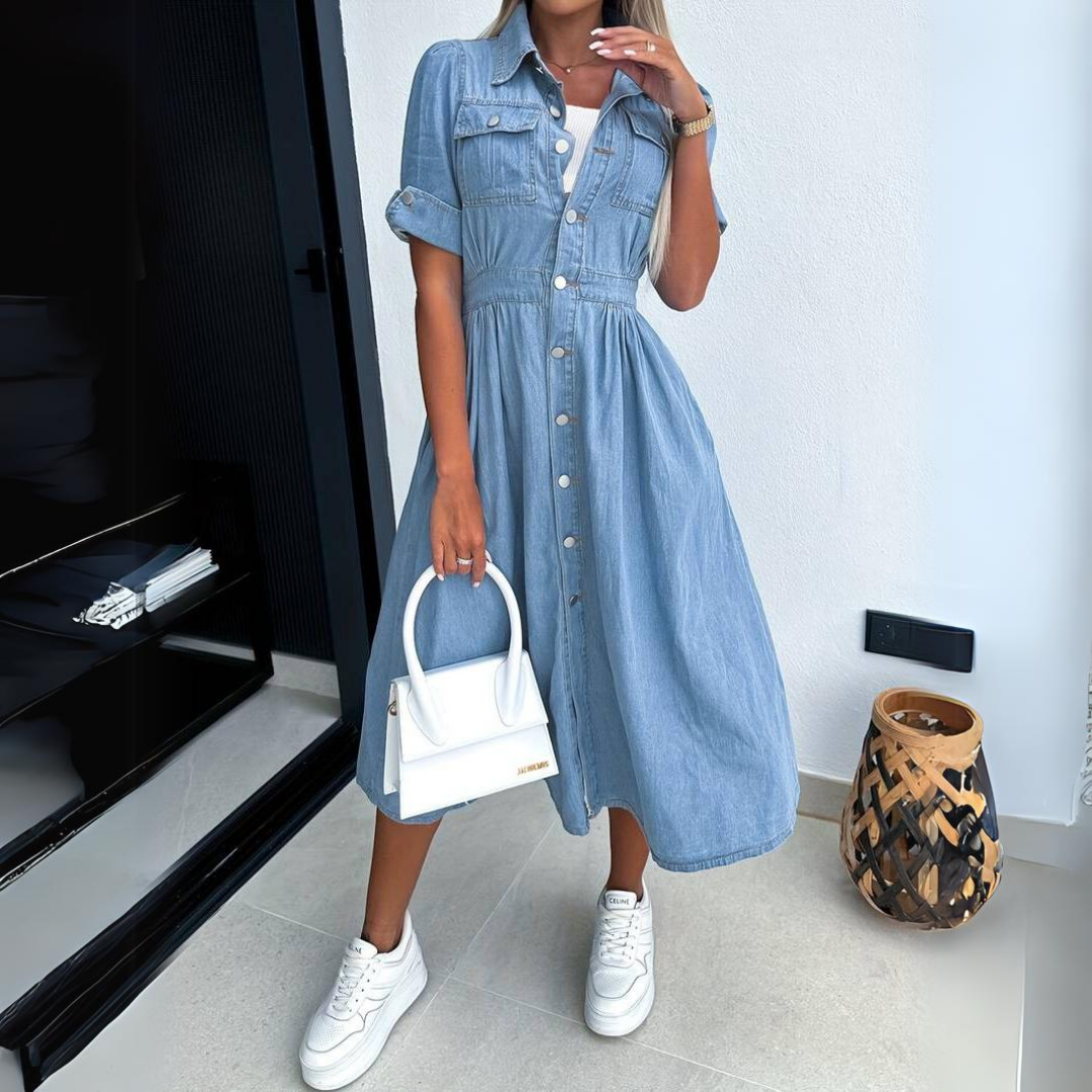 Midikjole i denim i skjortestil med lommer