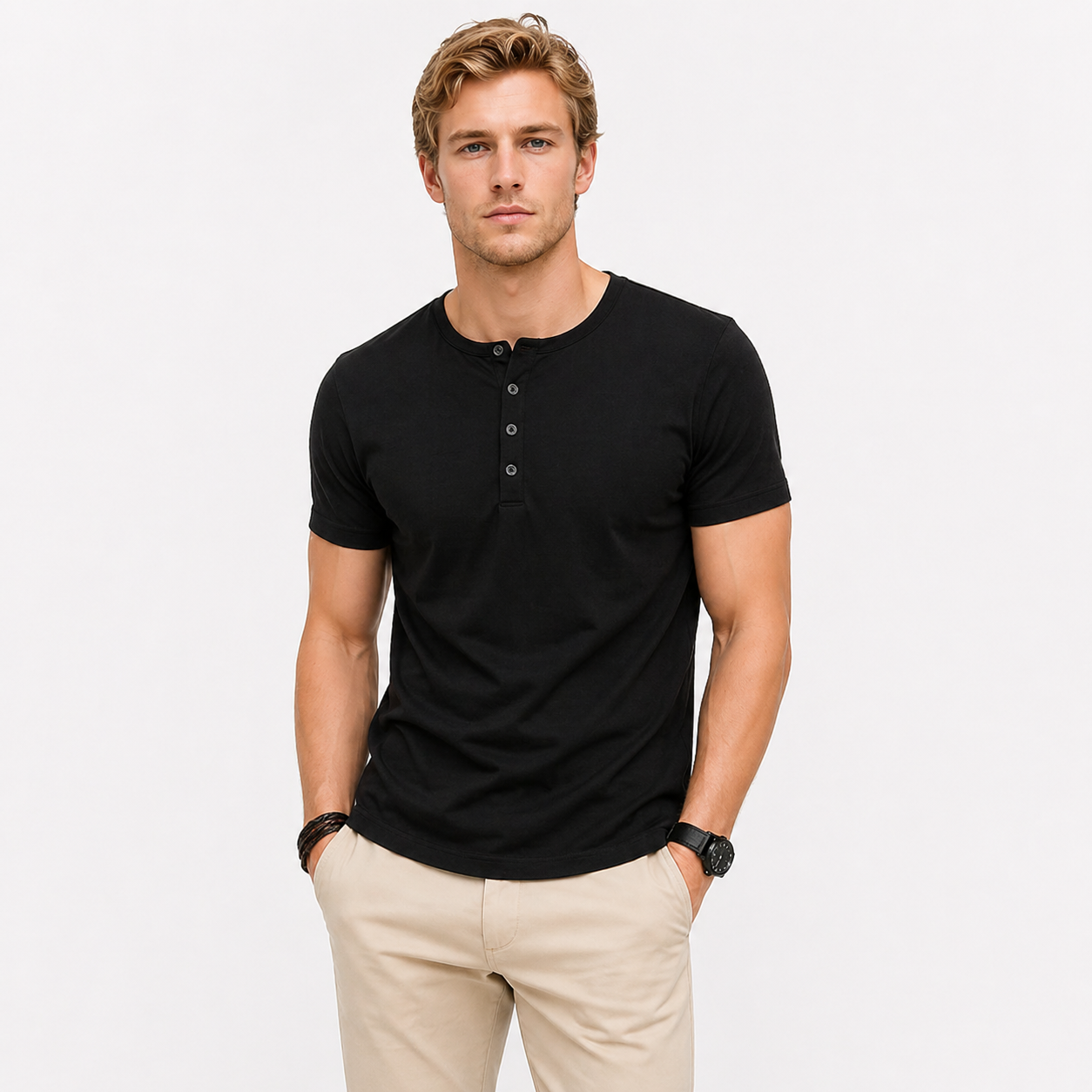 Henley T-skjorte til Herre – Slim Fit med Knappelukking – Khaki