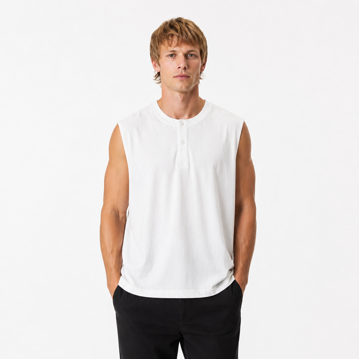 Ermeløs Henley T-skjorte til Herre – 100% Bomull Oversized Singlet