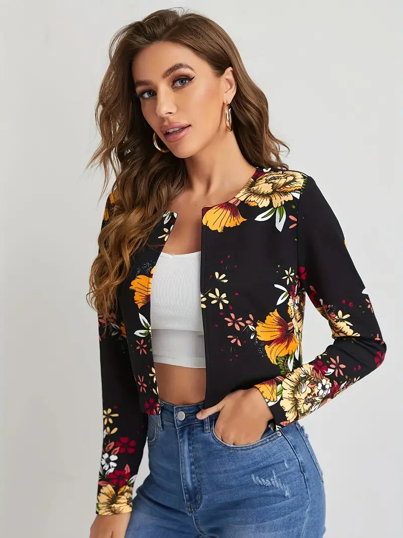 Elegant, enkel blazer med åpen front og blomster