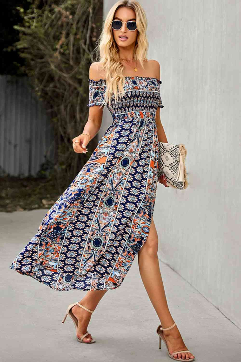 Bohemsk Off-Shoulder Frill Trim Split Kjole