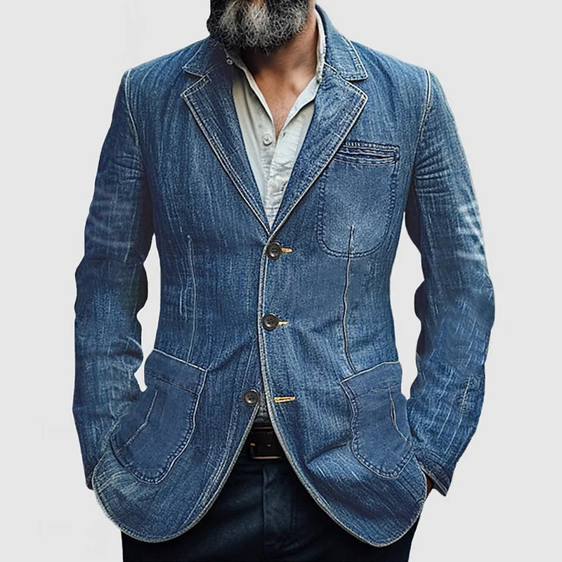 Casual blazer i denim med revers og enkel brystning for menn