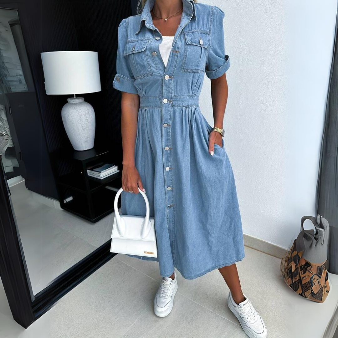 Midikjole i denim i skjortestil med lommer