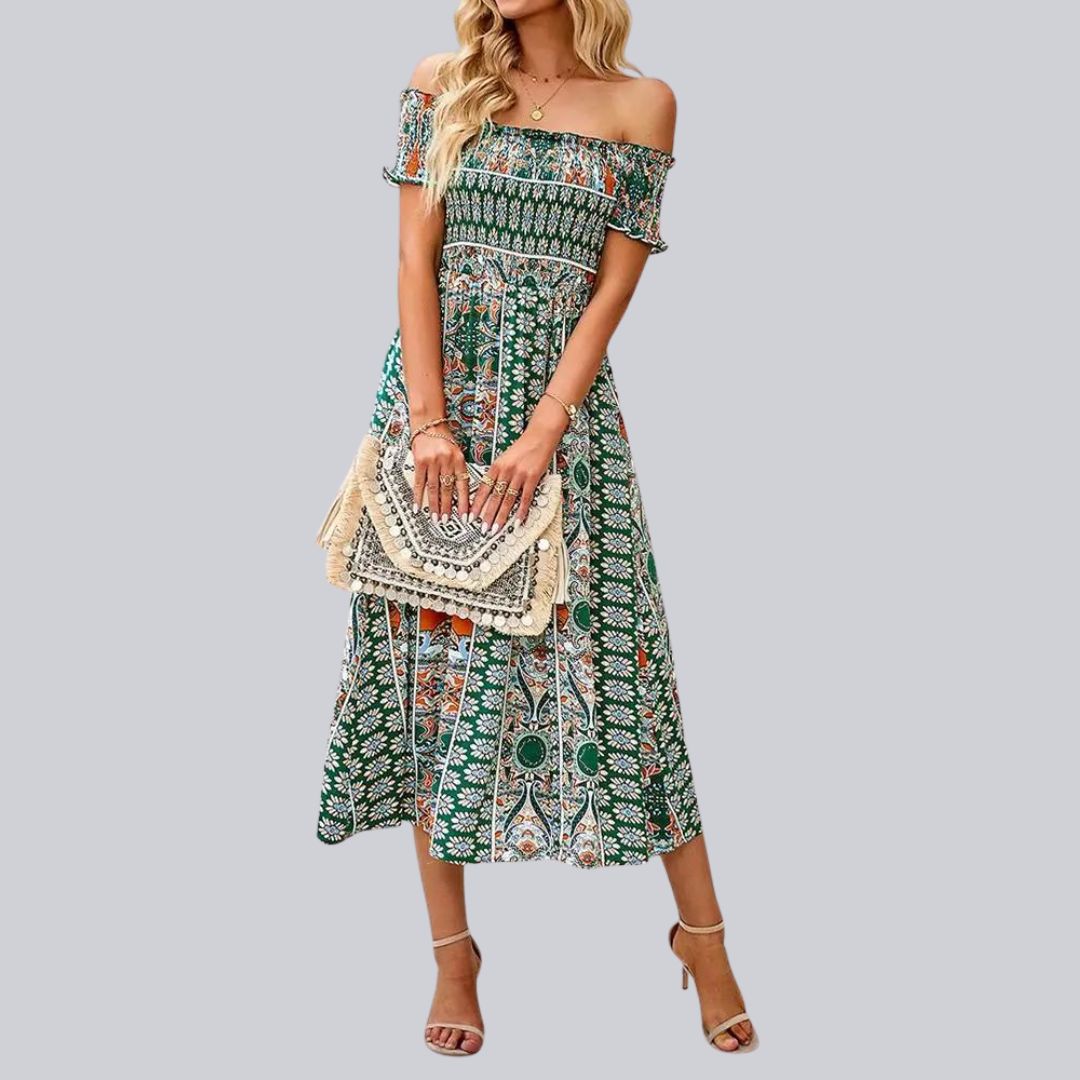 Maxikjole med boho og volang uten skuldre