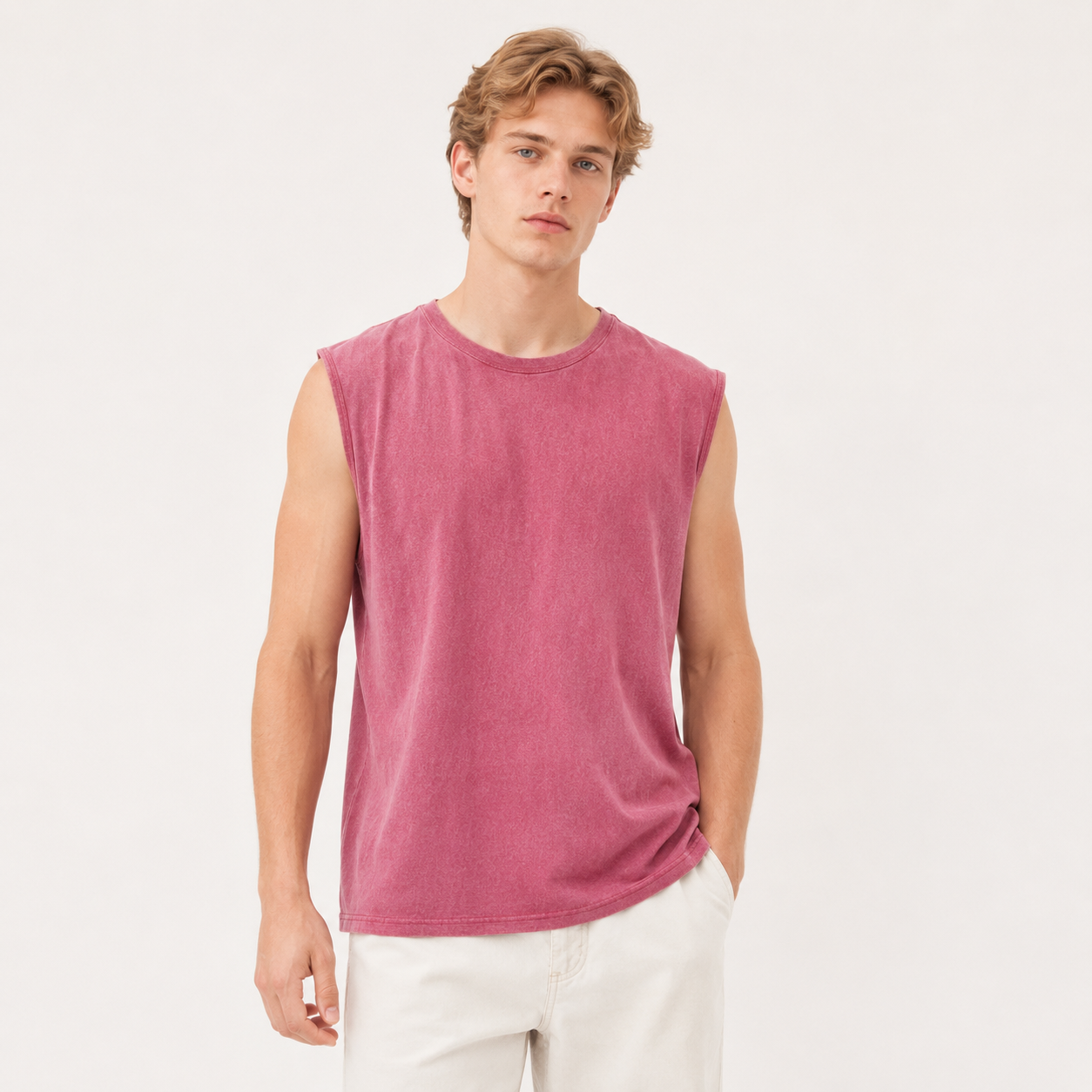 Vasket Bomulls Tank Top til Herre – Ermeløs Trenings- og Sommertopp – Rosa