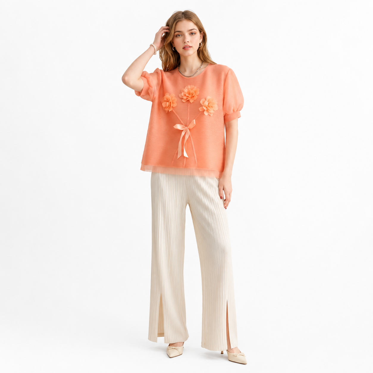 Plissert Topp til Dame med Organza Pufferm – Elegant 3D-Blomster Sommertopp