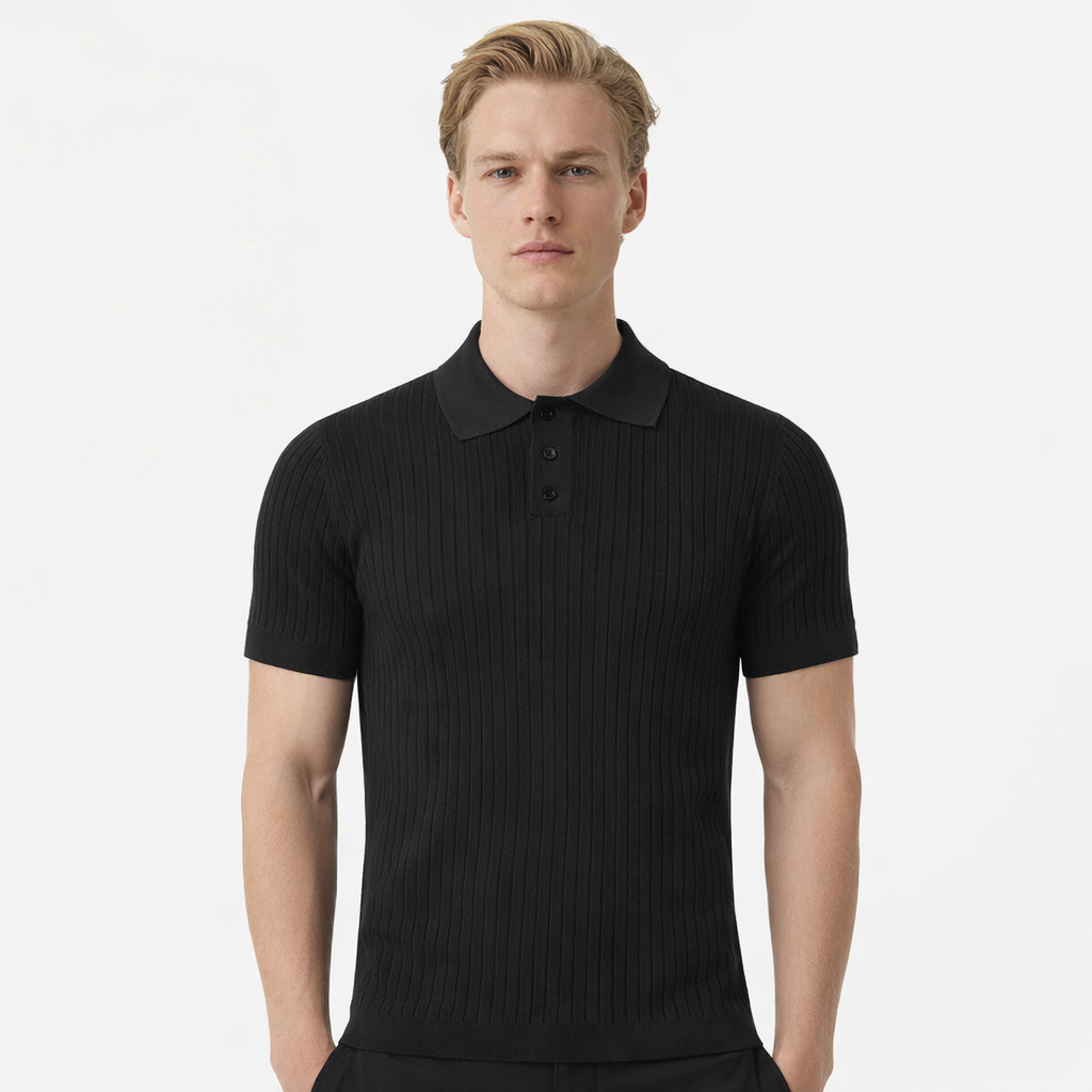 Strikket Polo T-skjorte til Herre – Lett, Pustende & Trendy Sommerstil – Svart