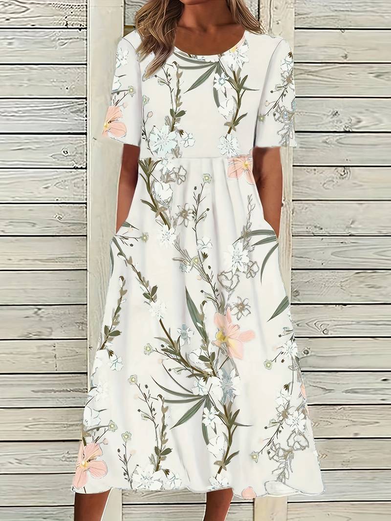 Kjole med høy midje og blomstertrykk