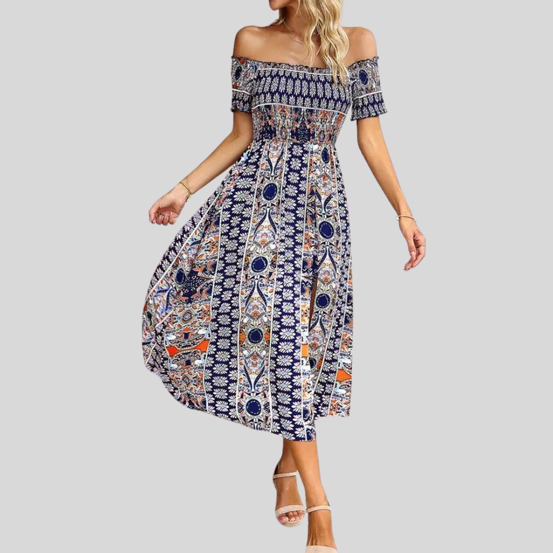Maxikjole med boho og volang uten skuldre