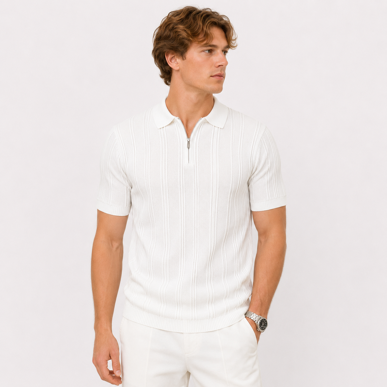 Strikket Polo med Glidelås til Herre – Vintage Jacquard Sommertopp
