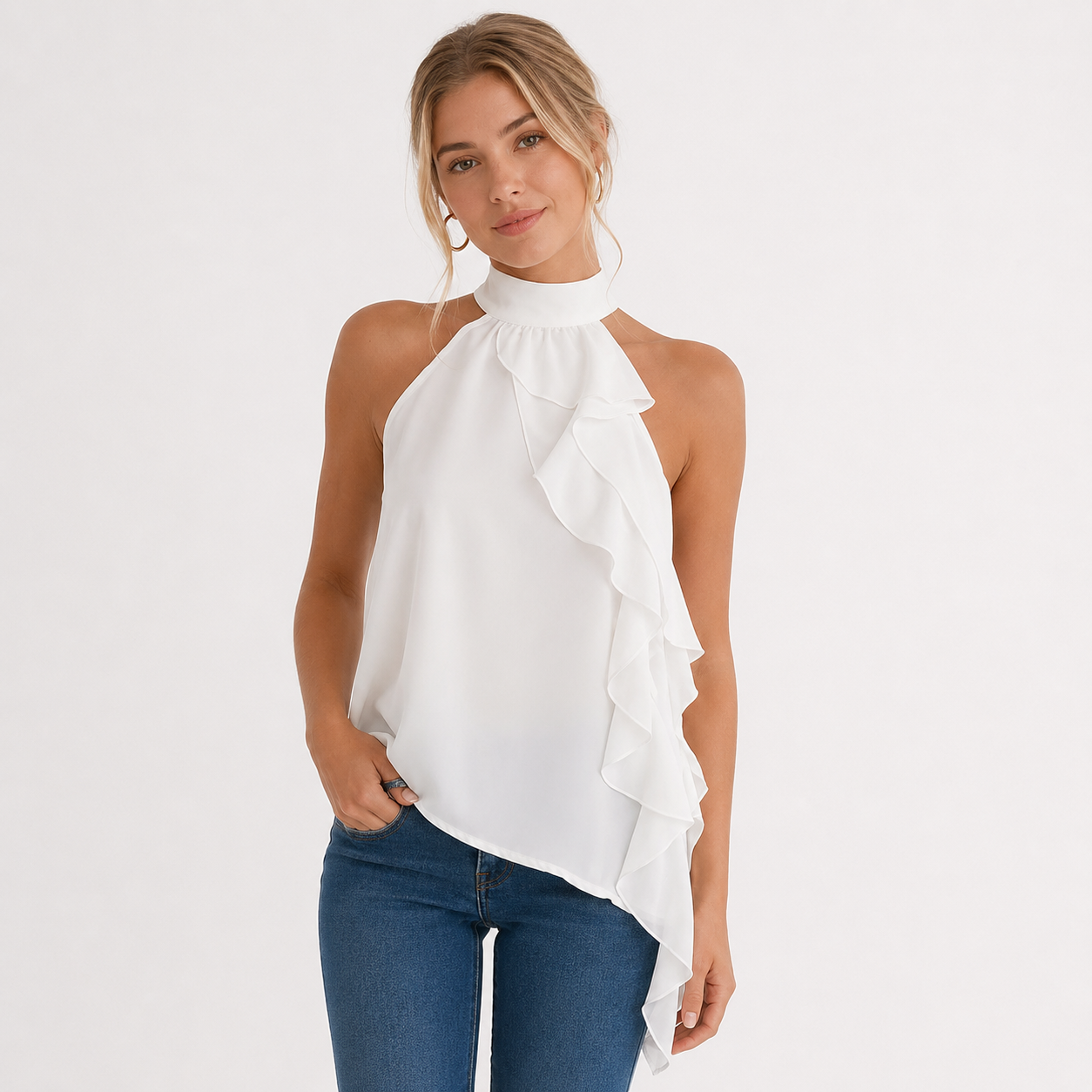 Halter Off-Shoulder Topp til Dame – Hvit Sommertopp med Volanger – Hvit