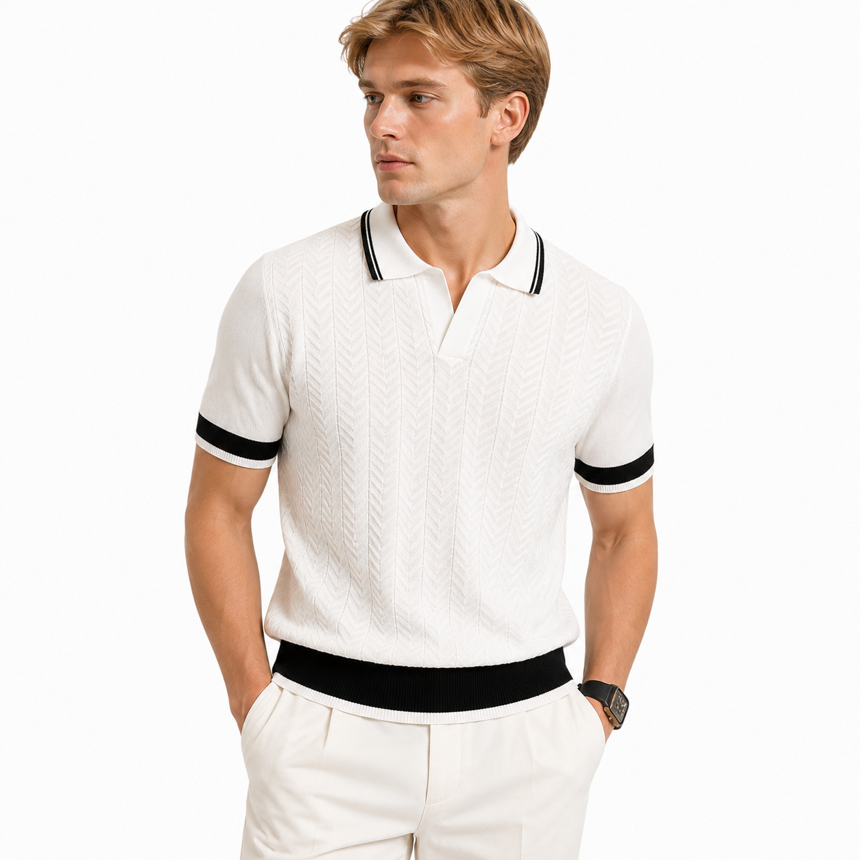 Strikket Polo for Herre med Struktur – Kortermet Business Casual i Color Block – Beige