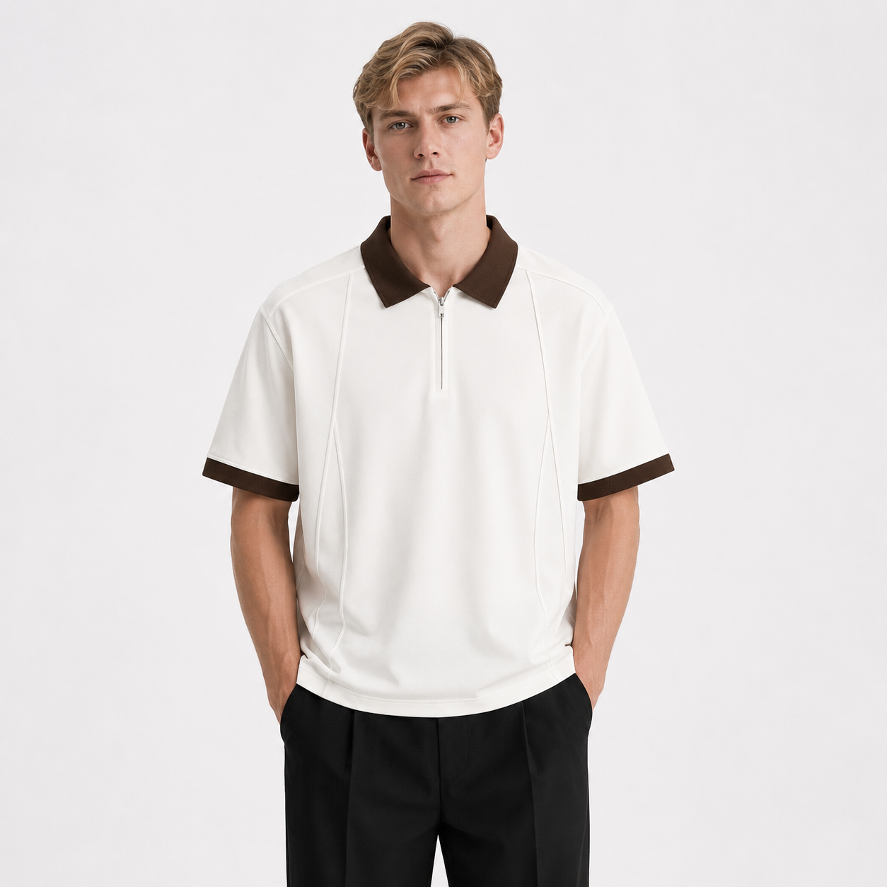 Half-Zip Polo til Herre – Kortermet Pikéskjorte med Kontrastkrage