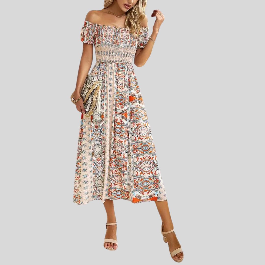 Maxikjole med boho og volang uten skuldre