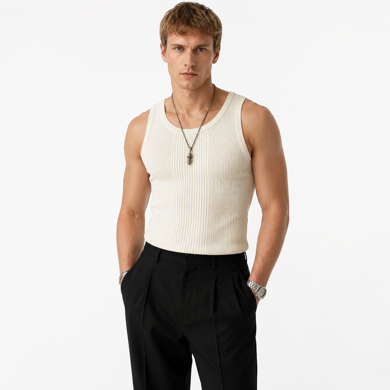 Slim Fit Tank Top til Herre – Elastisk Treningsvest for Gym og Sommer – Off-white