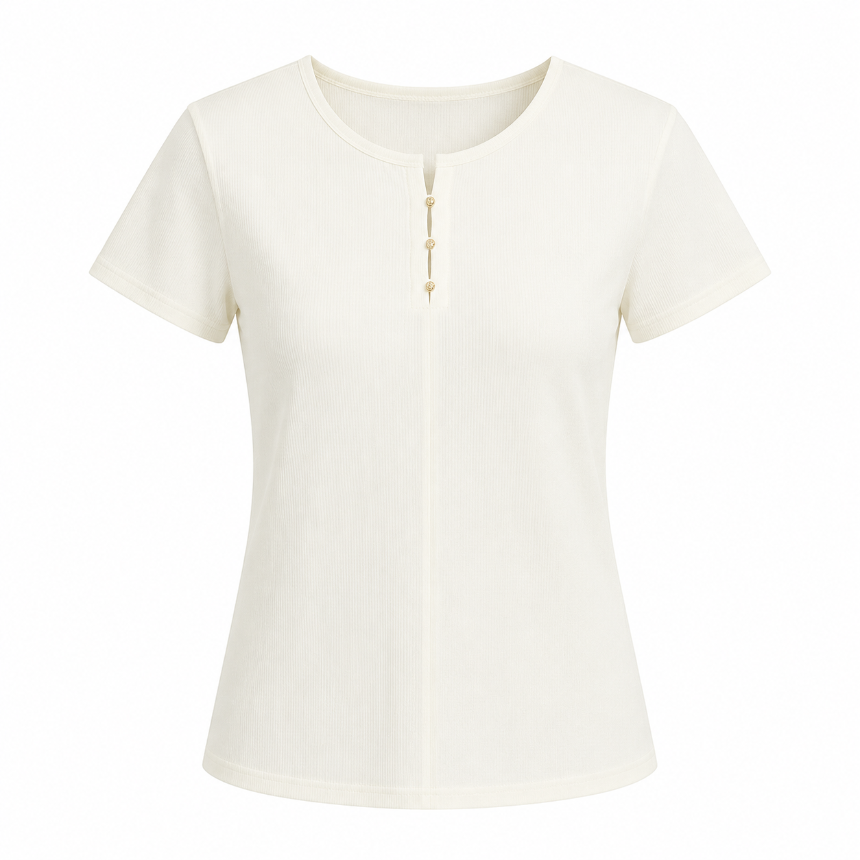 Ribbestrikket T-skjorte til Dame – Sommertopp med Cut-Out og Perleknapper