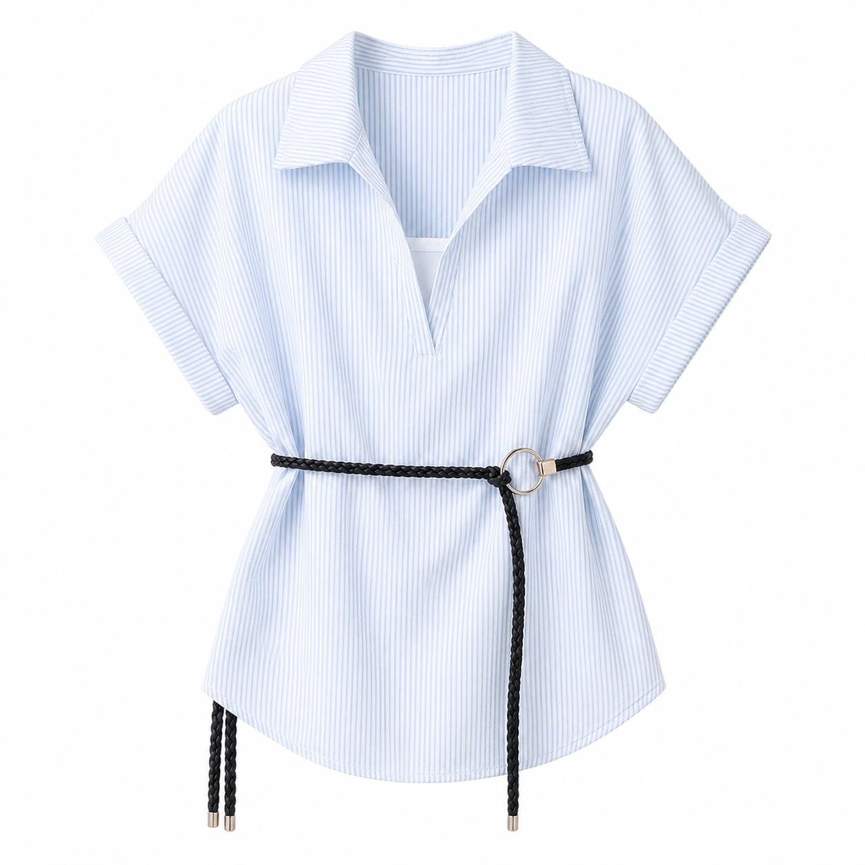 Stripet Polo Topp til Dame – V-hals & Belte i Fransk Minimalistisk Stil