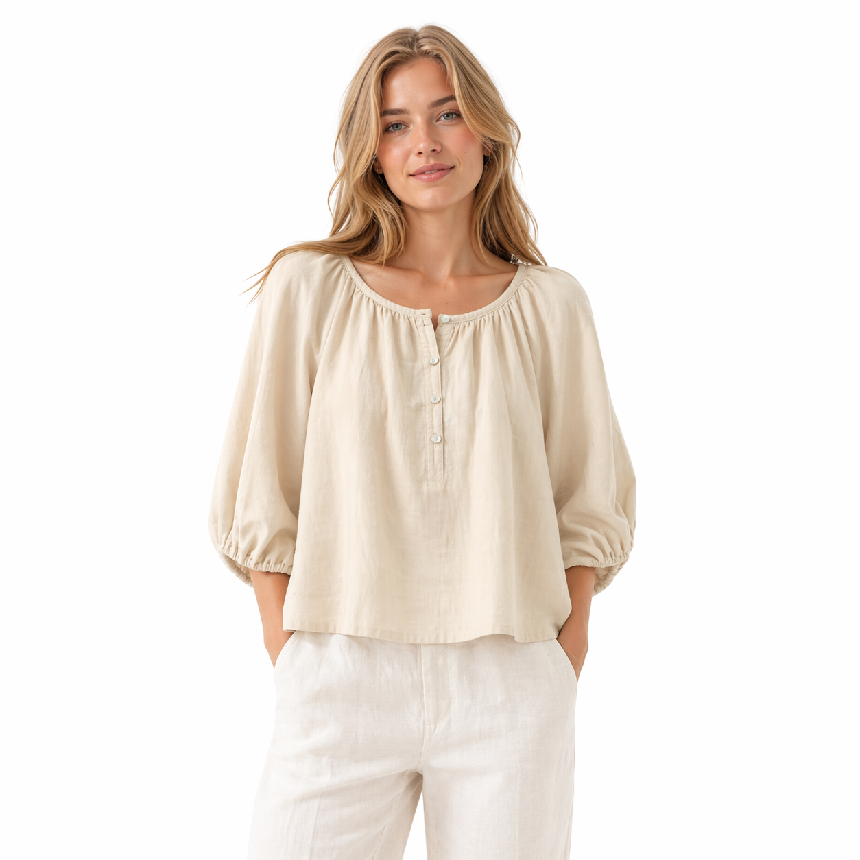Hvit Bomullsbluse til Dame – 100% Muslin & Løs Passform – Aprikos