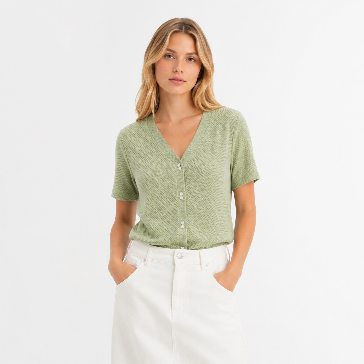 Stripet Strikket Topp til Dame – V-hals med Perleknapper og Elegant Sommerstil
